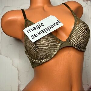 VS 32D LUXE LINGERIE PUSH-UP BRA PLUNGE BRA ZEBRA LACE MESH GREEN